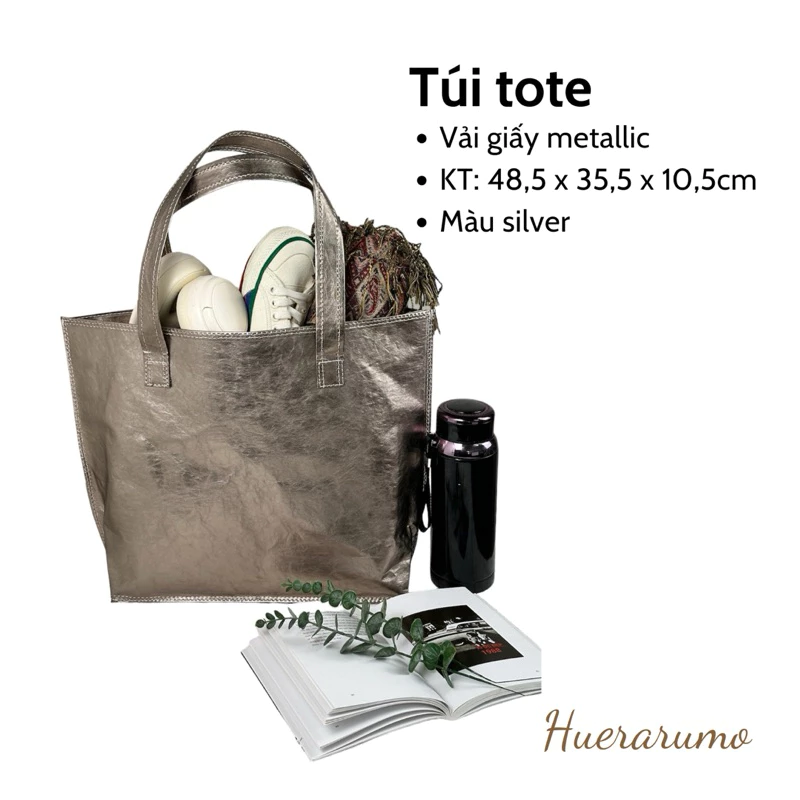 Túi tote 2 lớp vải giấy giặt được có khóa kéo, màu metallic silver-PAW03. Kích thước Dài 48cm x Rộng 10cm x Cao 35,5cm