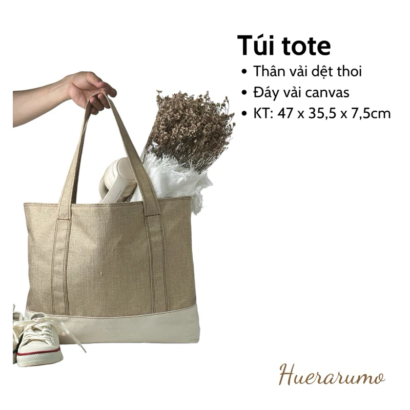 Túi tote 2 thân dệt thoi và đáy canvas 2 lớp HUERARUMO có khóa kéo-DET03. Kích thước Dài 47cm x Rộng 7,5cm x Cao 35,5