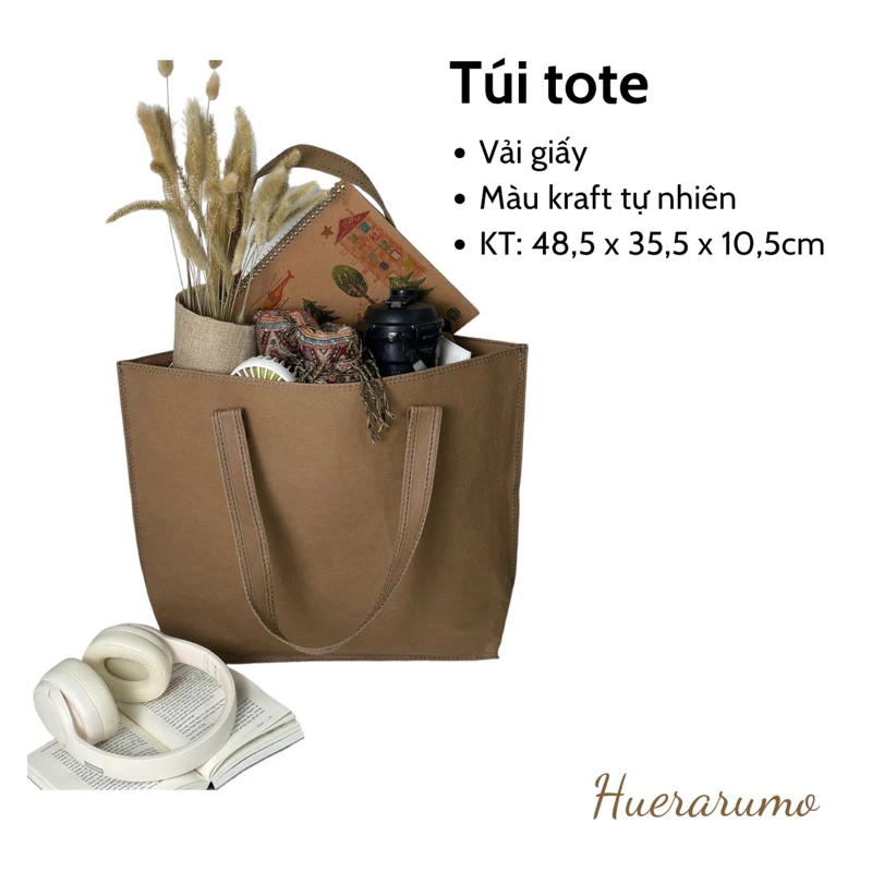 Túi tote 2 lớp vải giấy giặt được HUERARUMO có khóa kéo, màu nâu-PAW02. Kích thước Dài 48,5cm x Rộng 10cm x Cao 35,5cm