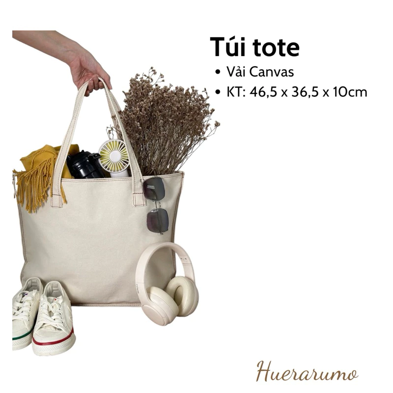 Túi tote canvas 2 lớp HUERARUMO có khóa kéo - CAVA03 . Kích thước Dài 46,5cm x Rộng 10cm x Cao 35,5 cm-CAVA03