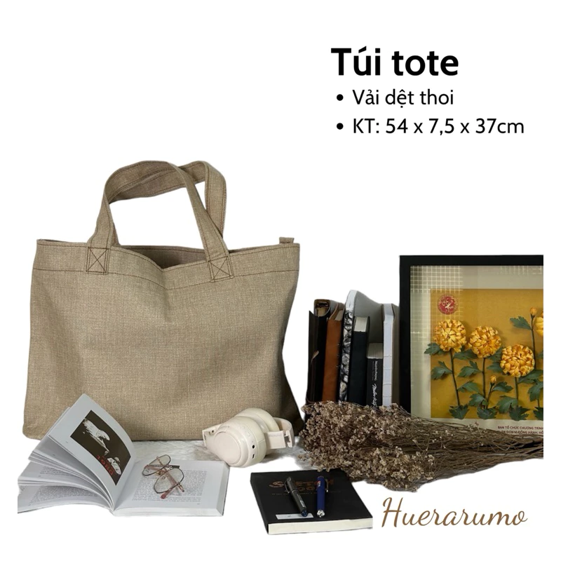 Túi tote vải dệt thoi 2 lớp HUERARUMO có khóa kéo - DET01 . Kích thước Dài 54cm x Rộng 7,5cm x Cao 37 cm