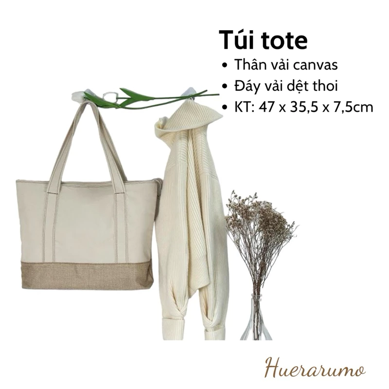Túi tote 2 thân canvas và đáy dệt thoi 2 lớp HUERARUMO có khóa kéo-CAVA01 . Kích thước Dài 47cm x Rộng 7,5cm x Cao 35,5