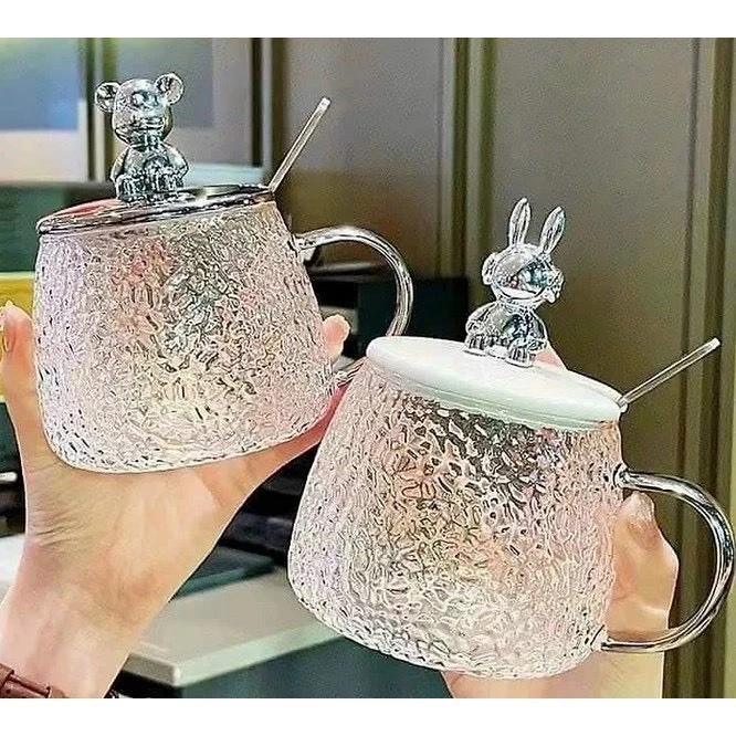 3345- Cốc hút ly thủy tinh tặng kèm nắp gấu,thìa 400ml
