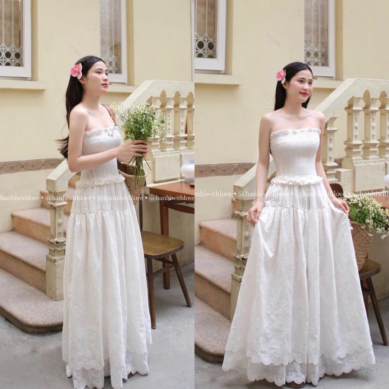 Đầm Quây Thô Boil Trắng Dáng Dài Maxi (Hình Thật) Đầm Quây Nhún Thân Dài Style Hàn Đi Biển Xinh Xắn