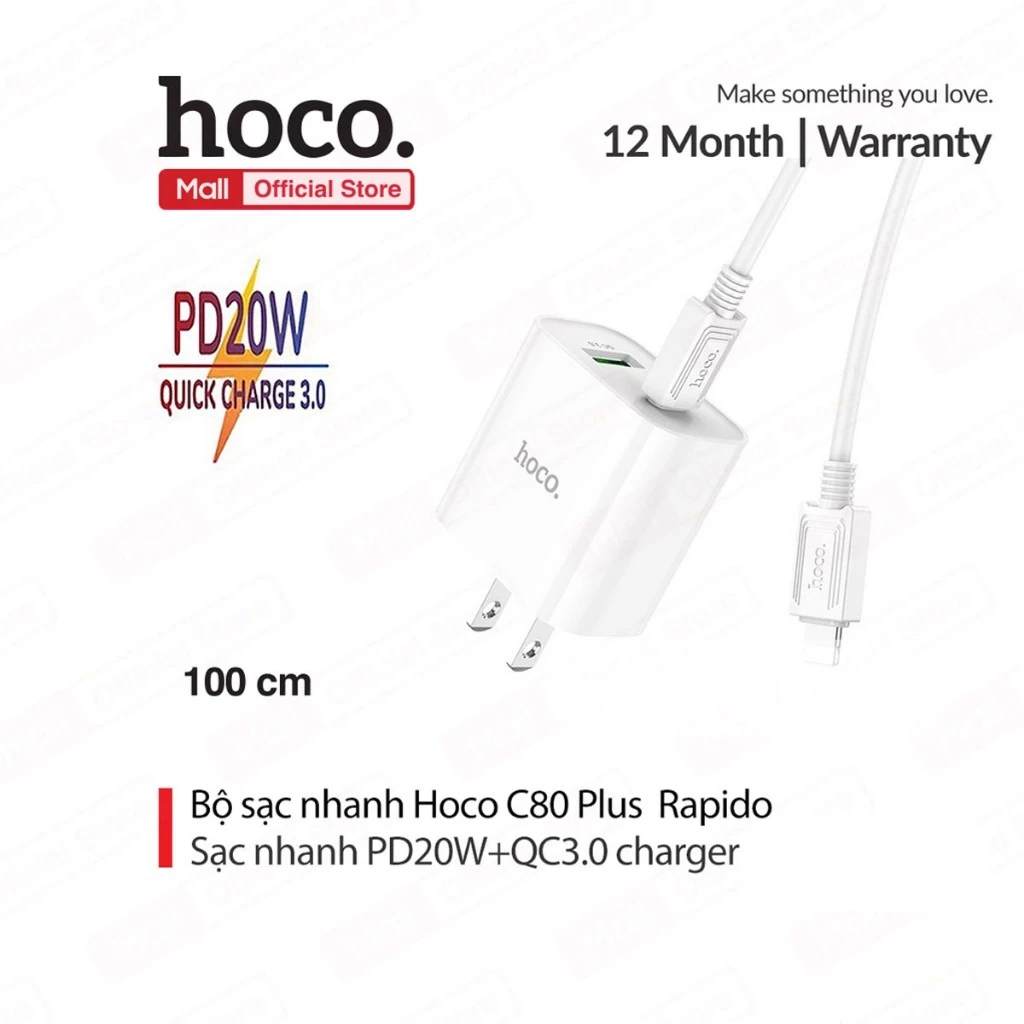 Bộ sạc nhanh C80 Plus TypeC to IP PD20W 3.0A dùng cho ip11/12/13/14, chân dẹt dài 1M