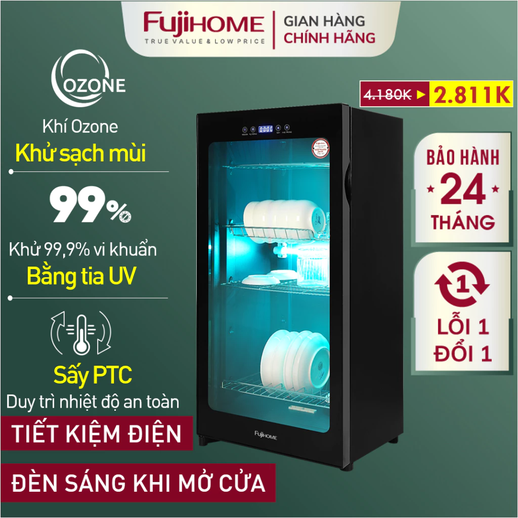 Tủ sấy bát đĩa Ozone-UV FUJIHOME 128 Lít, máy sấy khô diệt khuẩn khử trùng đa năng dao thớt dụng cụ y tế