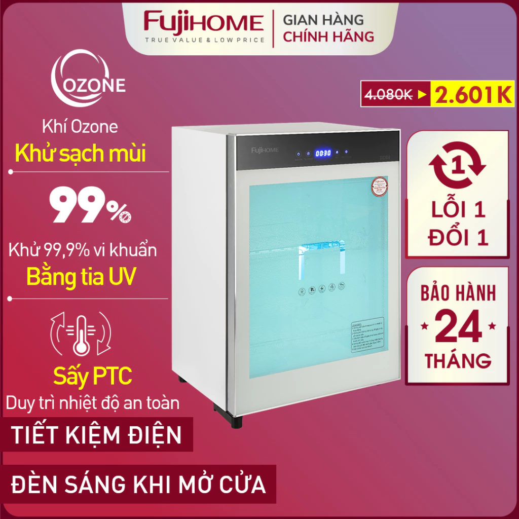 Máy sấy bát đĩa khử khuẩn UV & Ozone FUJIHOME 68 Lít, tủ sấy khô đựng chén đũa khử trùng bình sữa