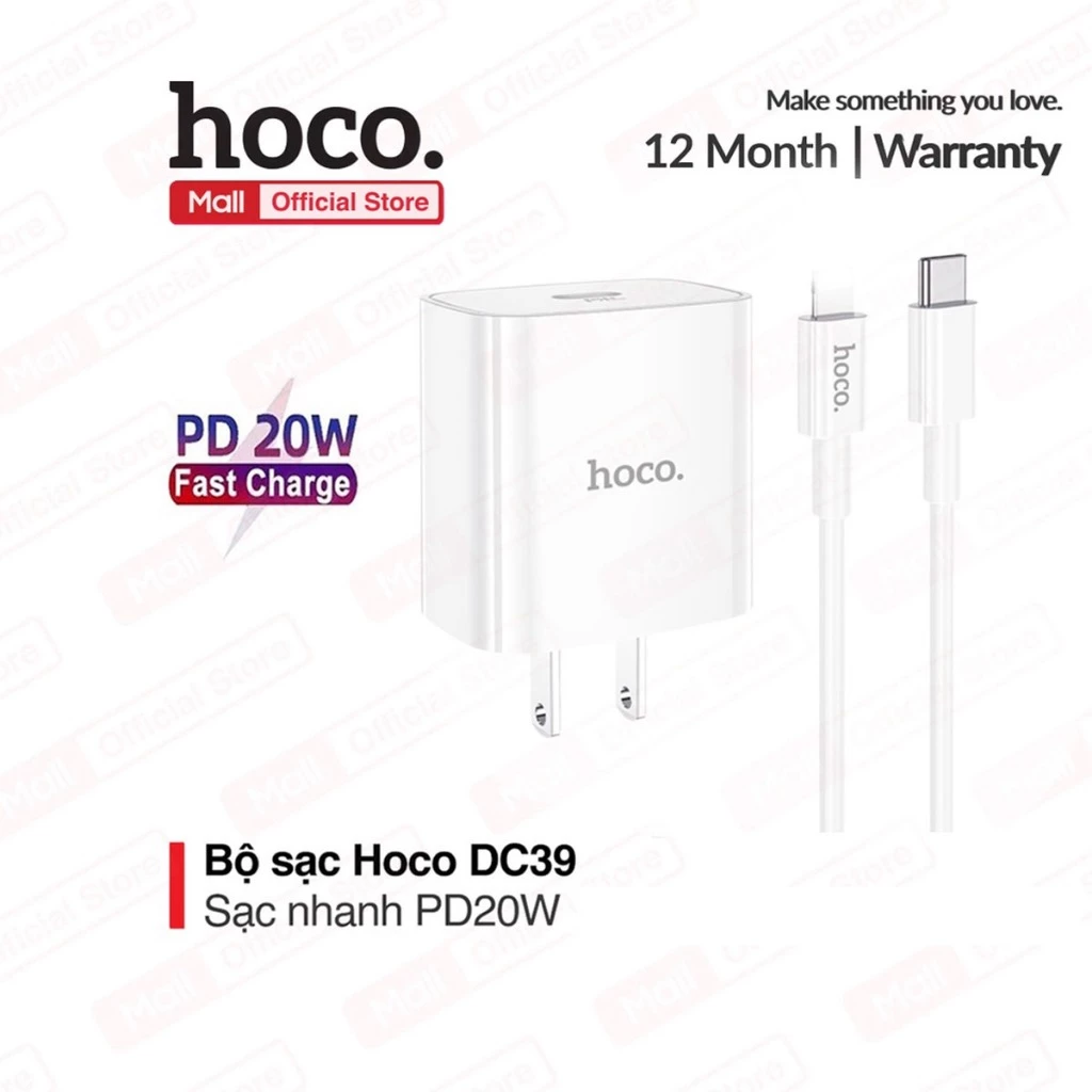 Bộ sạc nhanh Hoco DC39 chân US 1 cổng Type-C kèm dây sạc Typec to IP PD20W 3.0A dùng cho ip7/8/X/11/12 dài 1M