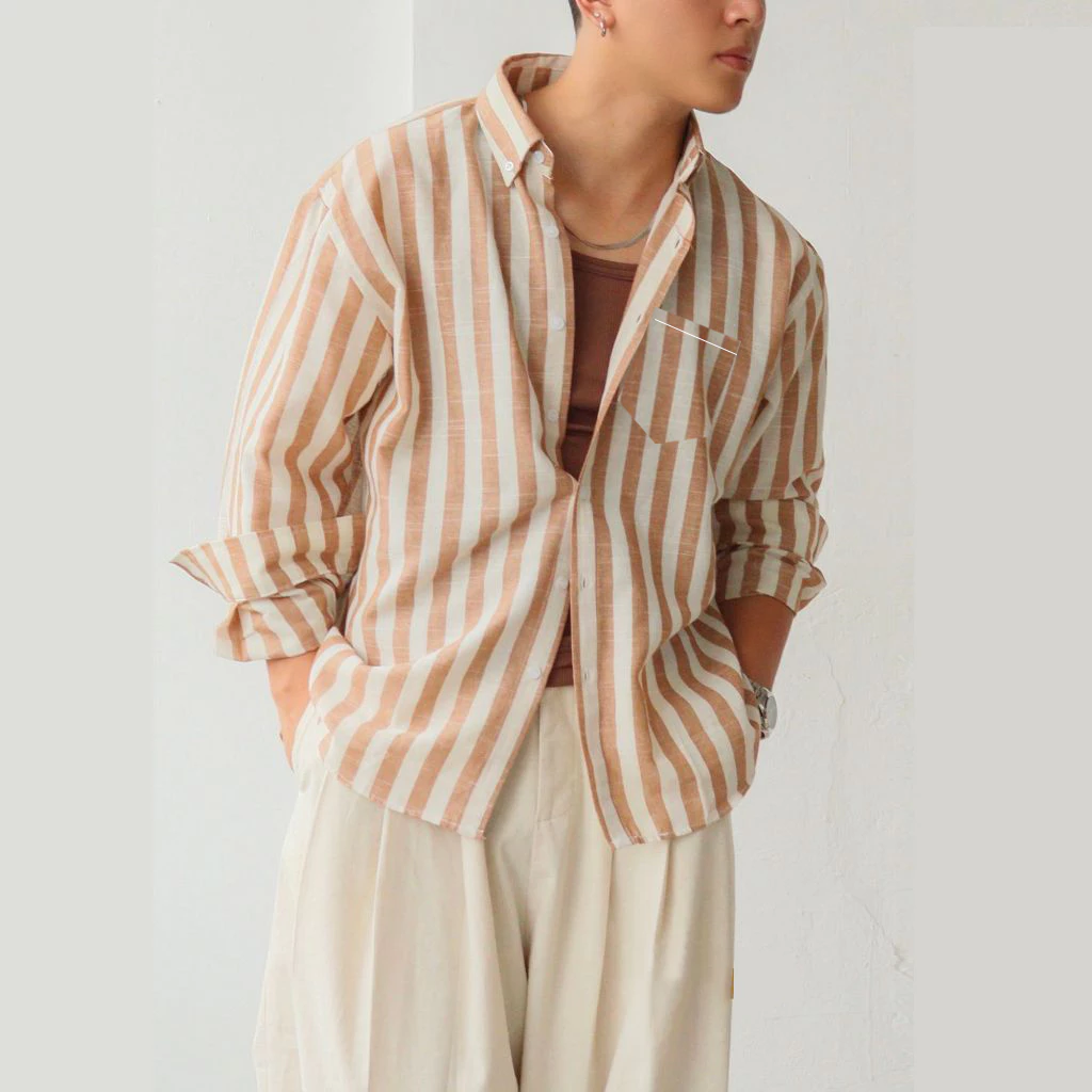 Áo Sơ Mi Kẻ Sọc To Linen Mặt Xước Tay Dài Nam Nữ Hàn Quốc Phối Túi Form Rộng Oversize Halley A14