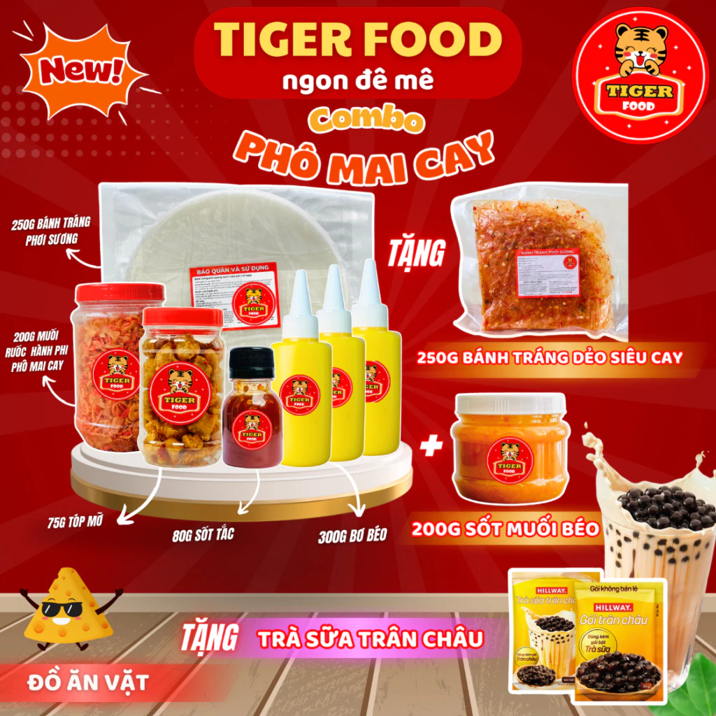 Bánh Tráng Phơi Sương & Muối Tôm Hành Phi Phô Mai Cay + Bơ Béo + Tóp Mỡ + Sốt tắc  TIGER FOOD - Đồ ăn vặt Snack Freeship