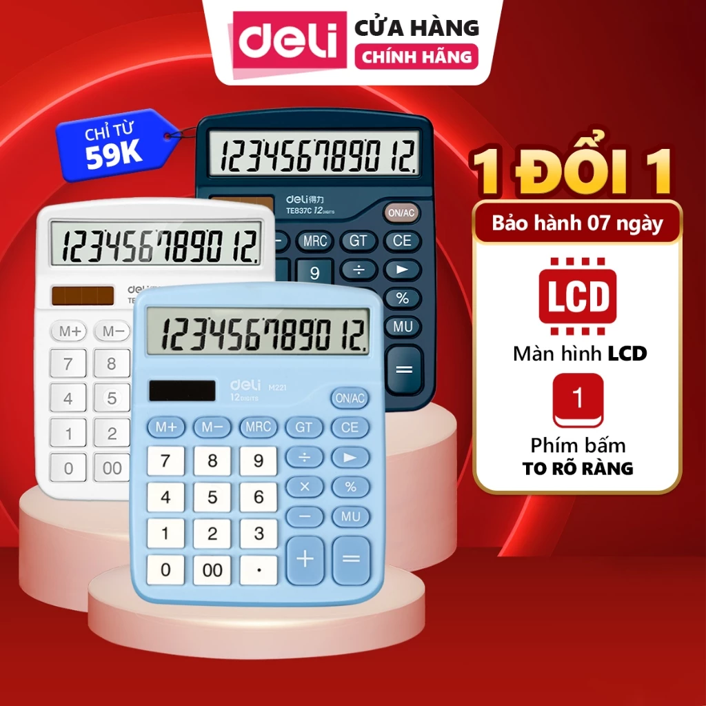 Máy Tính Cầm Tay Để Bàn 12 Số DELI Máy Tính Cơ Bản Nhỏ Gọn Màn Hình LCD Góc Nghiêng Dùng Cho Kế Toán