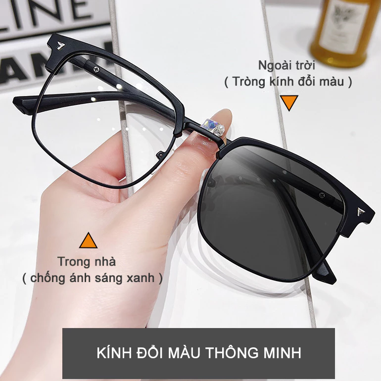 Kính râm nam nữ Seisen Kr10 kính mát đổi màu hottrend chống ánh sáng xanh ,kính nữa viền cổ điển phong cách Hàn Trung