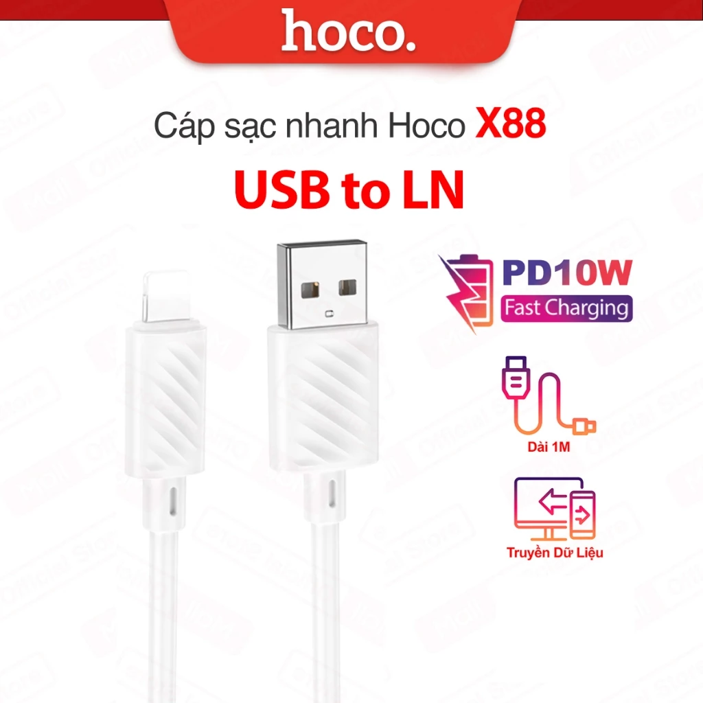 Cáp sạc PD10W Hoco X88 USB to IP dùng cho ip6/7/8/X dài 1M (TRẮNG)