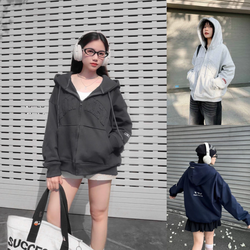 Áo Khoác Hoodie Zip Lowkey Logo Thêu Nỉ Bông Nón 2 Lớp To