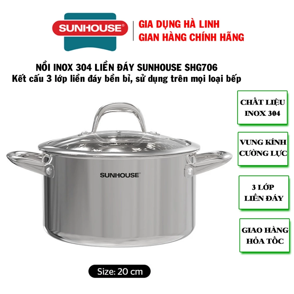 Nồi inox 304 đáy liền Sunhouse SHG706-20, Đường kính 20cm, Vung kính, Sử dụng trên mọi loại bếp