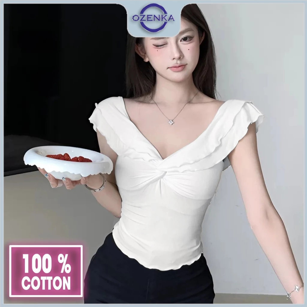 Áo croptop nữ kiểu cổ v trễ hở vai bánh bèo ôm body sang chảnh ozenka , áo crt thun cotton đen trắng mặc đi chơi biển