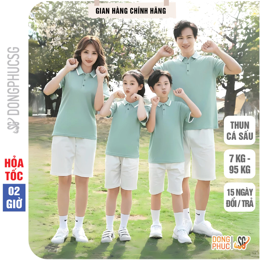 Áo gia đình có cổ polo màu xanh vỏ đậu chất vải cá sấu dày dặn đủ size bé trai gái làm đồng phục A3S