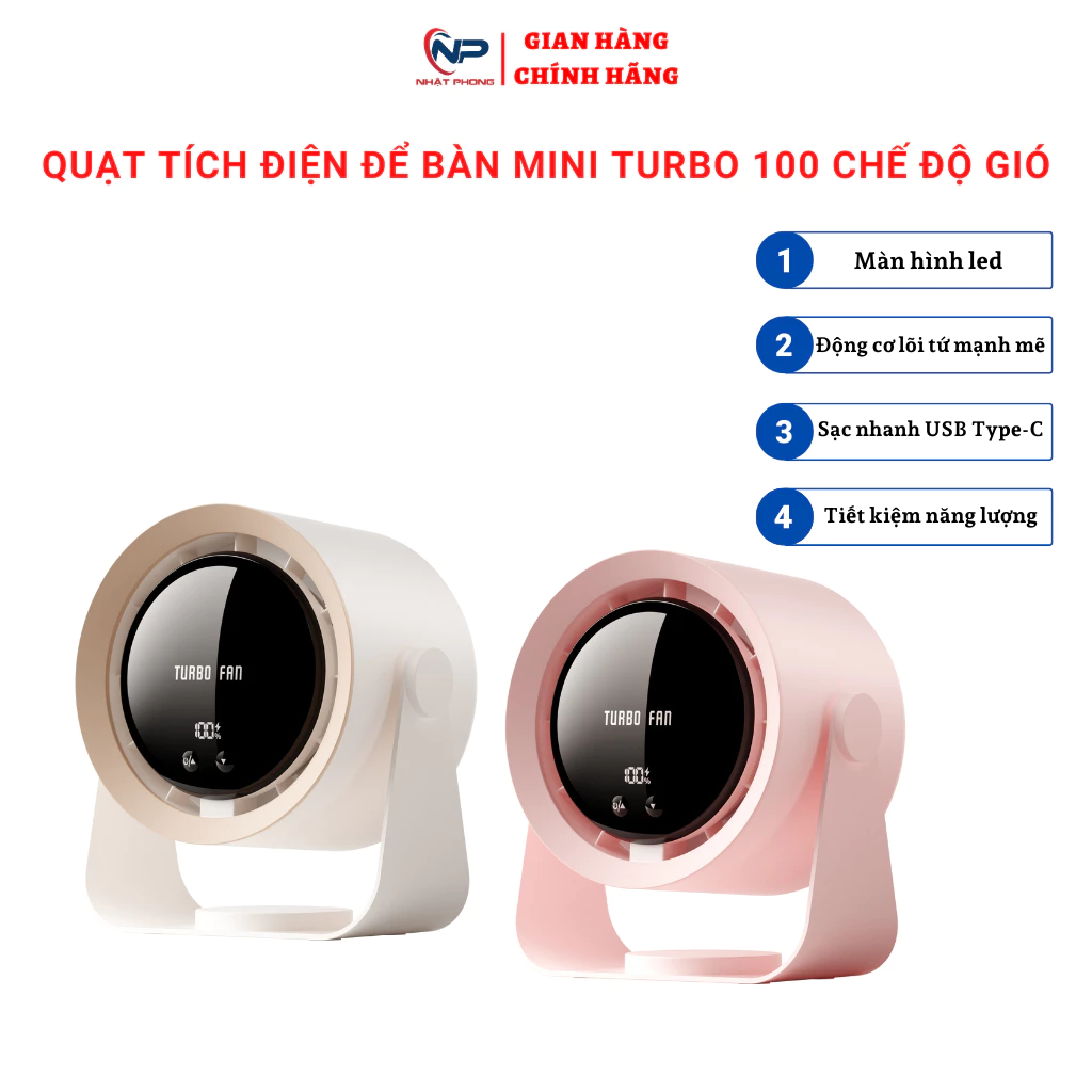 Quạt để bàn mini, quạt tích điện làm mát không khí NP-TURBO100 chế độ gió