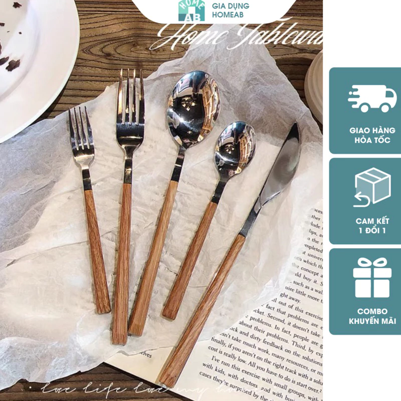 Thìa dĩa inox cao cấp không gỉ cán giả gỗ sang trọng thìa dĩa muỗng ăn cơm nĩa ăn mỳ sáng bóng bền đẹp giadung_homeab