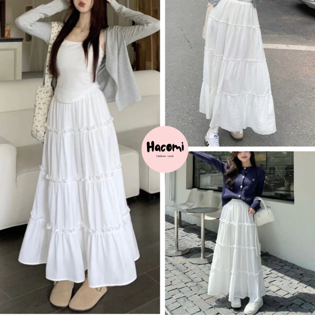 Chân váy midi xòe 4 tầng chất voan tơ dáng dài - Váy dài có cạp chun bồng bềnh đi biển