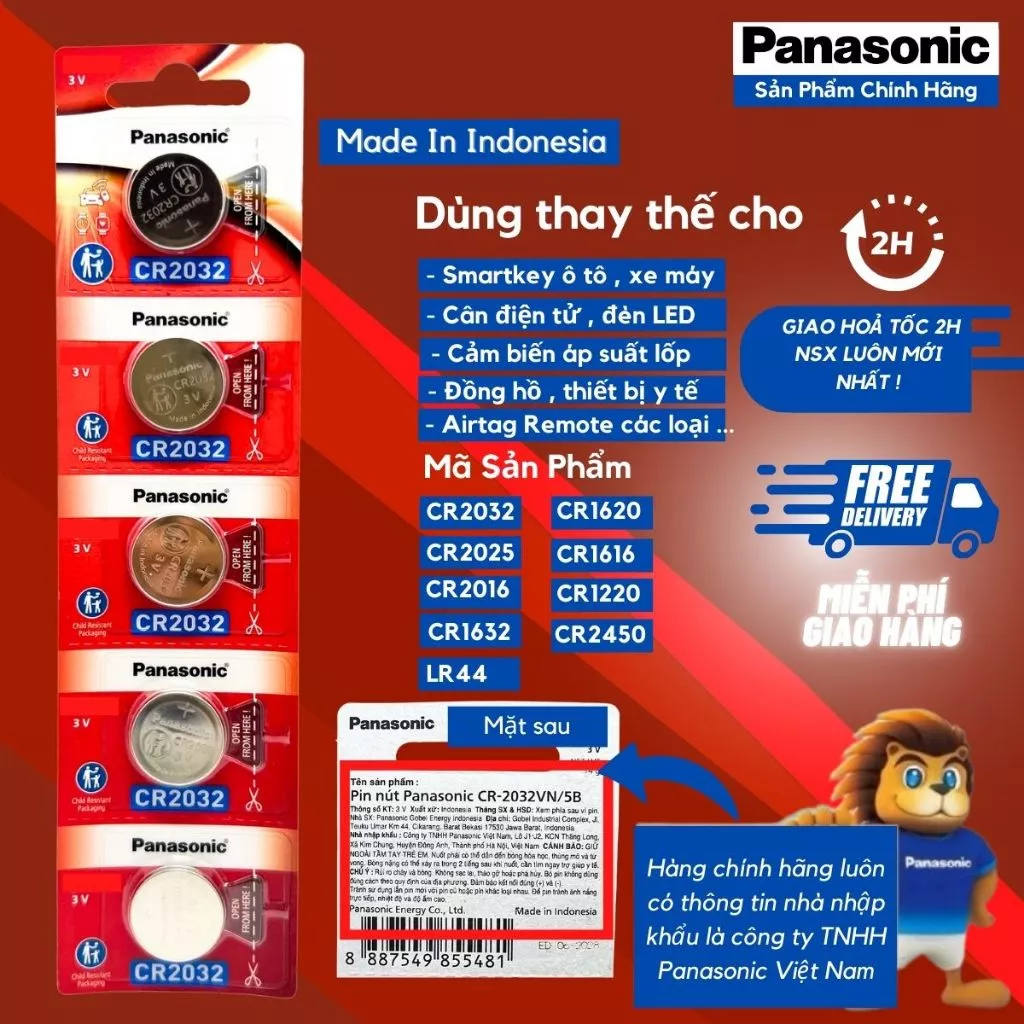 Vỉ 5 Viên Pin Panasonic CR2032 / CR2025 / CR2016 / CR1632 / CR1220 / CR1620 / CR1616 / CR2450 Pin 3V Oto xe máy smartkey