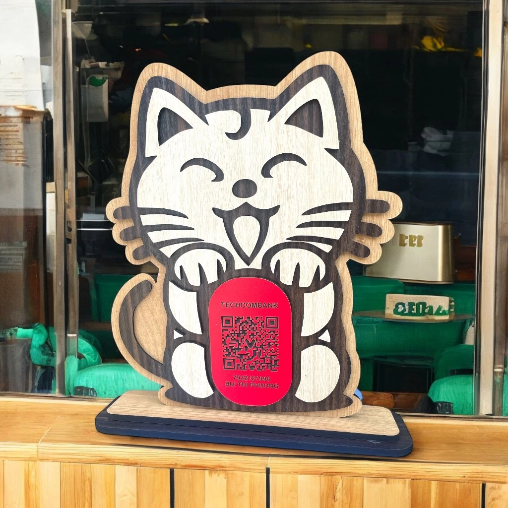 Size Lớn - Bảng quét mã QR Code Mèo Thần Tài Hello Kitty 25x30cm Bằng Gỗ - Tăng May Mắn, Thuận Lợi Kinh Doanh