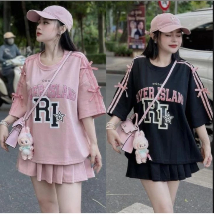 Sét váy tiểu thư in chữ Islan+ chân váy xếp ly