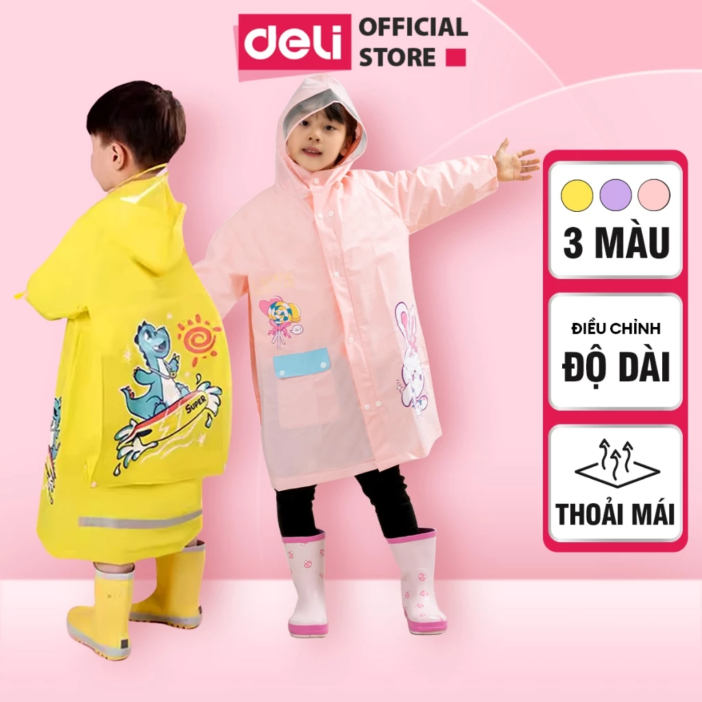 Áo Mưa Trẻ Em Deli Áo Mưa Cho Bé Nhẹ Mềm Có Khóa Không Mùi Mặt Nạ Che Mặt Dáng Dài Dày Dặn Chống Thấm Họa Tiết Dễ Thương