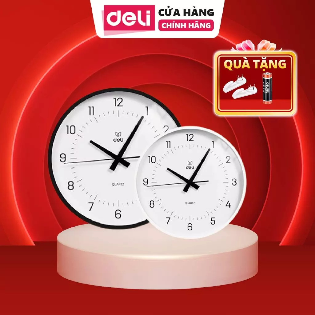 (TẶNG PIN) Đồng Hồ Không Ồn Treo Tường Deli - Đồng Hồ Kim Trôi Quartz, Minimalist Trang Trí Phòng