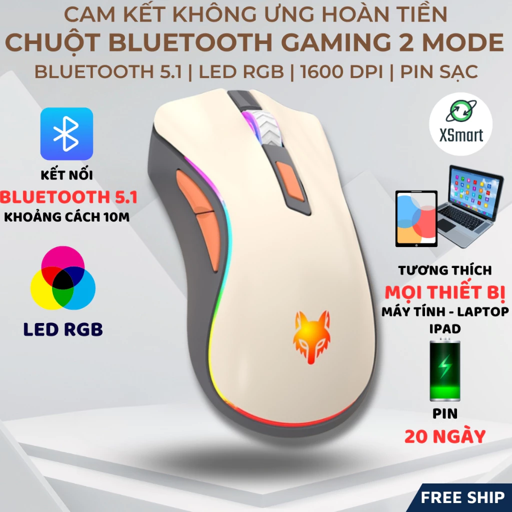 Chuột Không Dây Bluetooth Xunfox H52 Led RGB 2 Chế Độ Kết Nối Tương Thích PC Laptop Ipad