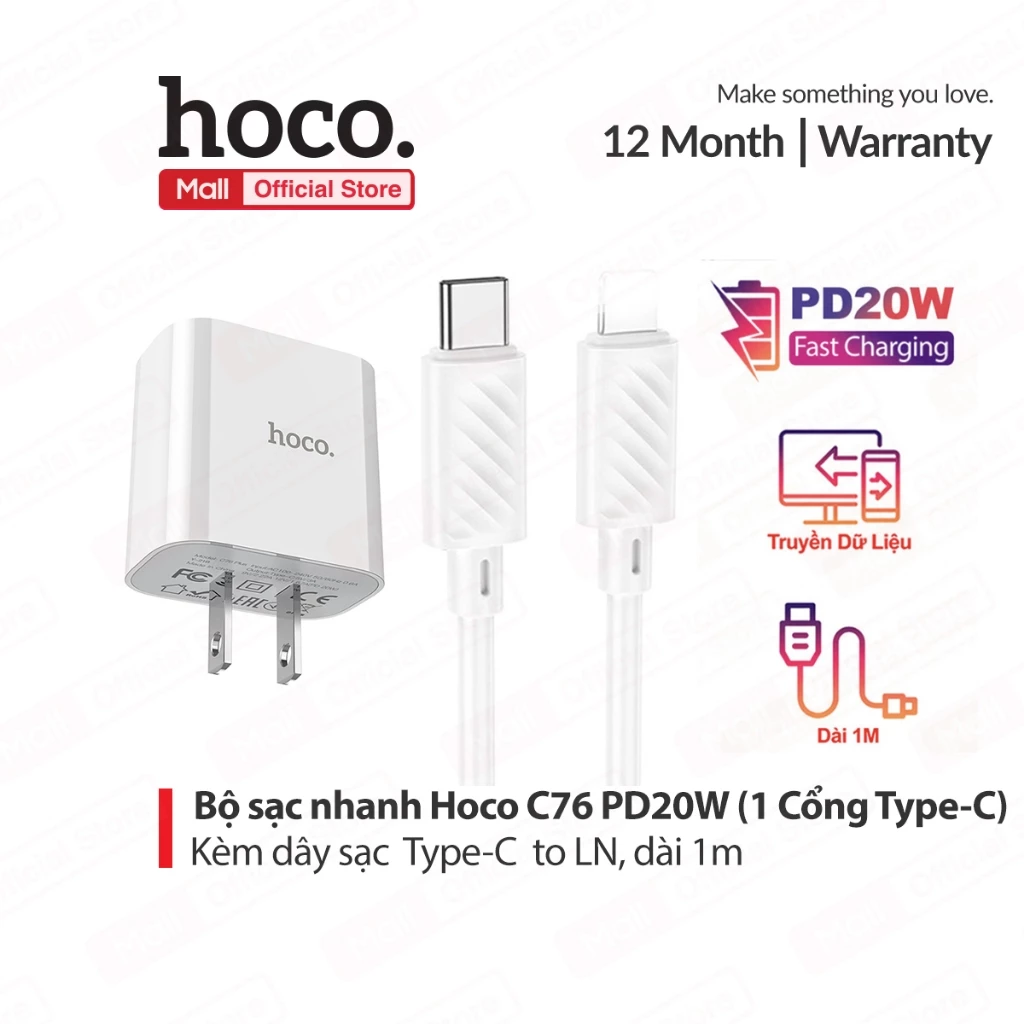 Bộ sạc nhanh Typec to IP PD20W 3.0A Hoco C76 Plus dùng cho ip11/12/13/14 hỗ trợ sạc nhanh 3A, chân dẹt, dây dài 1m