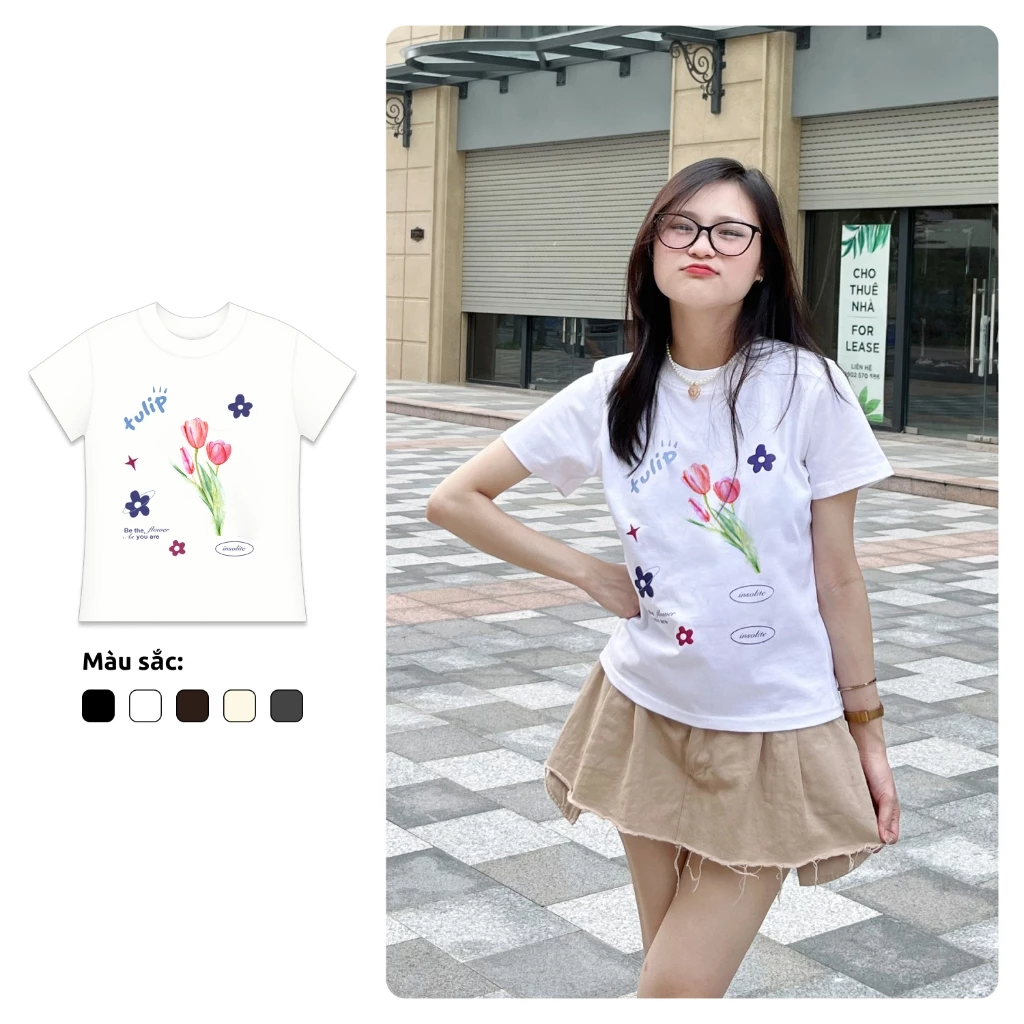 Áo thun form rộng Nữ Baby Tee Hoa Tulip  100% Cotton, Màu Trắng, Đen cotton cao cấp 2 chiều đl 250gsm