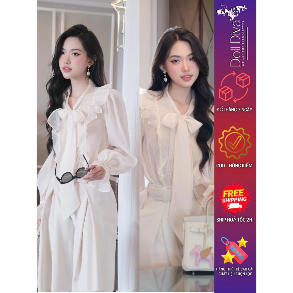 Áo Sơ Mi Nữ Kiểu Thiết Kế Cổ Nơ , Chất Liệu Lụa Tơ QC Cao Cấp Sang Chảnh Cho Các Quý Cô Doll Diva