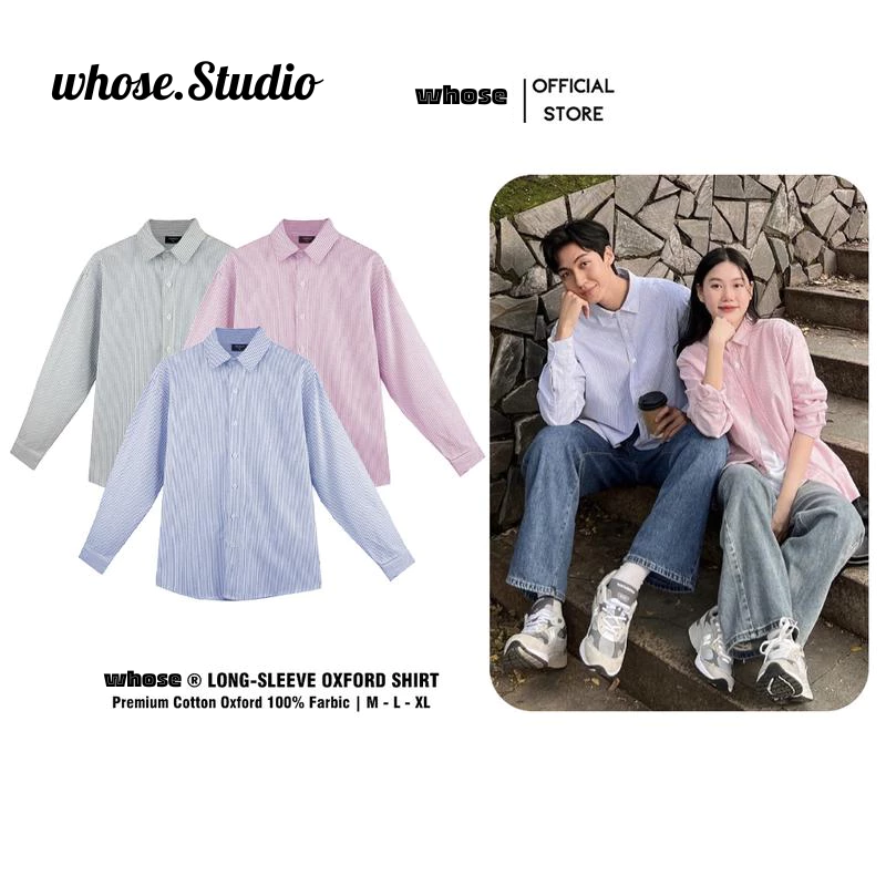 Áo Sơ Mi Kẻ Sọc Tay Dài Nam Nữ Hàn Quốc Local Brand WHOSE Chất Liệu Oxford Form Rộng 3 Màu Xám, Hồng, Xanh KAT012