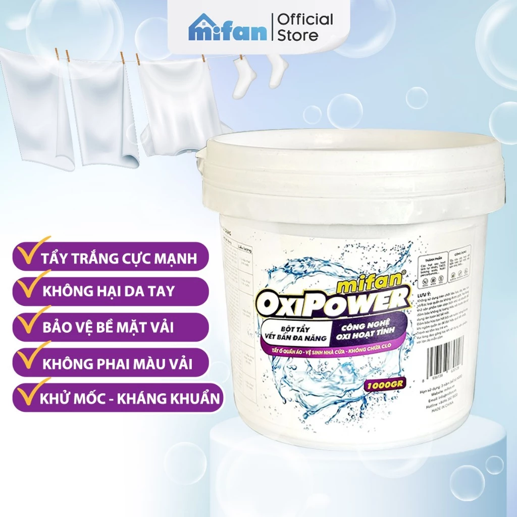 Bột Tẩy Trắng Quần Áo Đa Năng Mifan OxiPower - Làm sạch vải ố vàng, Vết bẩn khó giặt, An toàn, Không phai màu