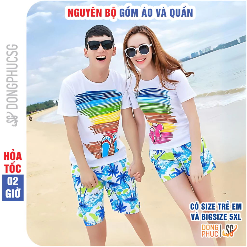 Đồ đi biển cặp đôi nam nữ set gồm áo và quần nổi bật thun dày dặn đủ size gia đình hội nhóm DDB47T08