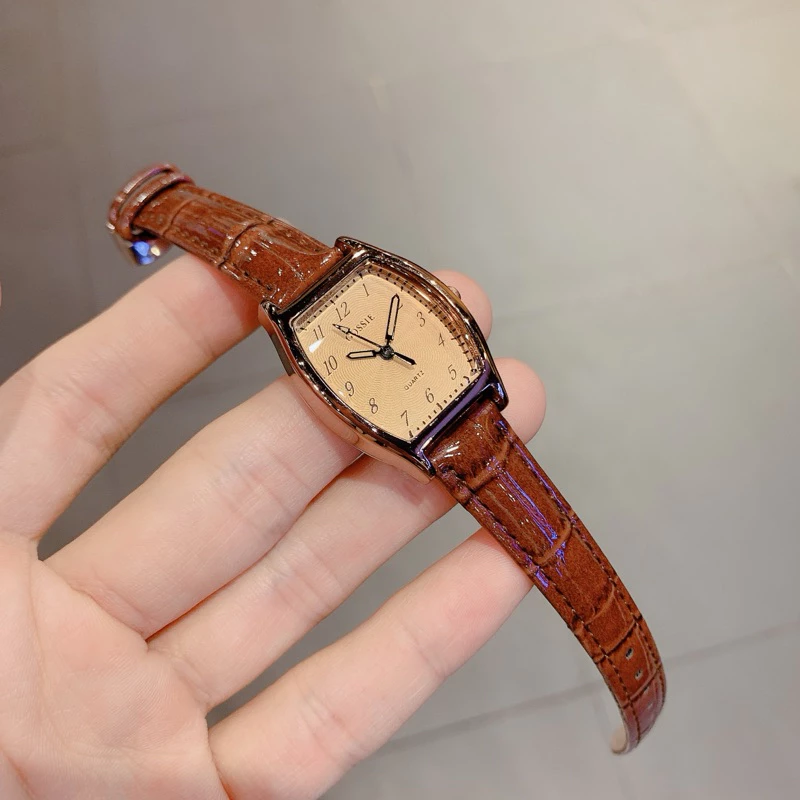 Đồng Hồ Nữ Gossie Nâu Trơn Dây Da Gương Cao Cấp