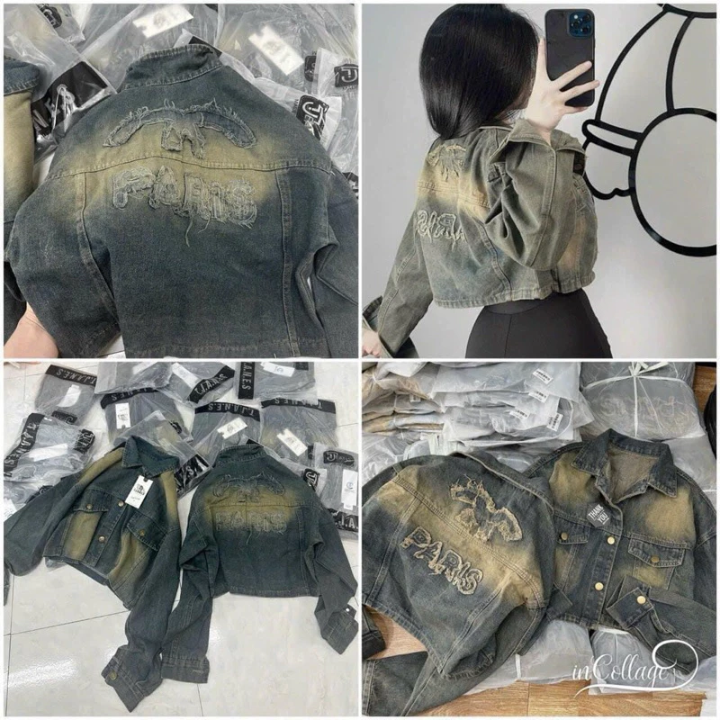 Áo khoác jeans dáng croptop thêu nổi chữ sau lưng màu bụi hàng chuẩn loại 1