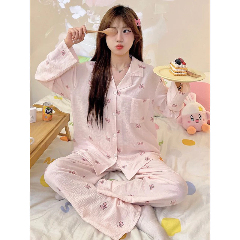 Bộ đồ ngủ kiểu phương Tây cho nữ mùa xuân thu kiểu dáng trong, nơ đơn giản ngọt ngào, Bộ đồ mặc nhà cho bé gái ngọt ngào
