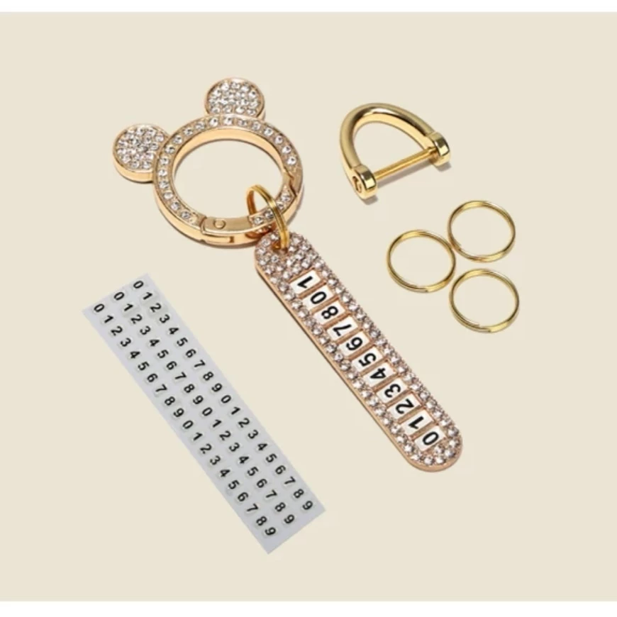 Móc Khóa Khuyên Gấu Đính Đá Sang Trọng gắn thẻ số chống thất lạc tiện dụng cho xe ô tô, xe máy Nữ Móc Chìa Khoá