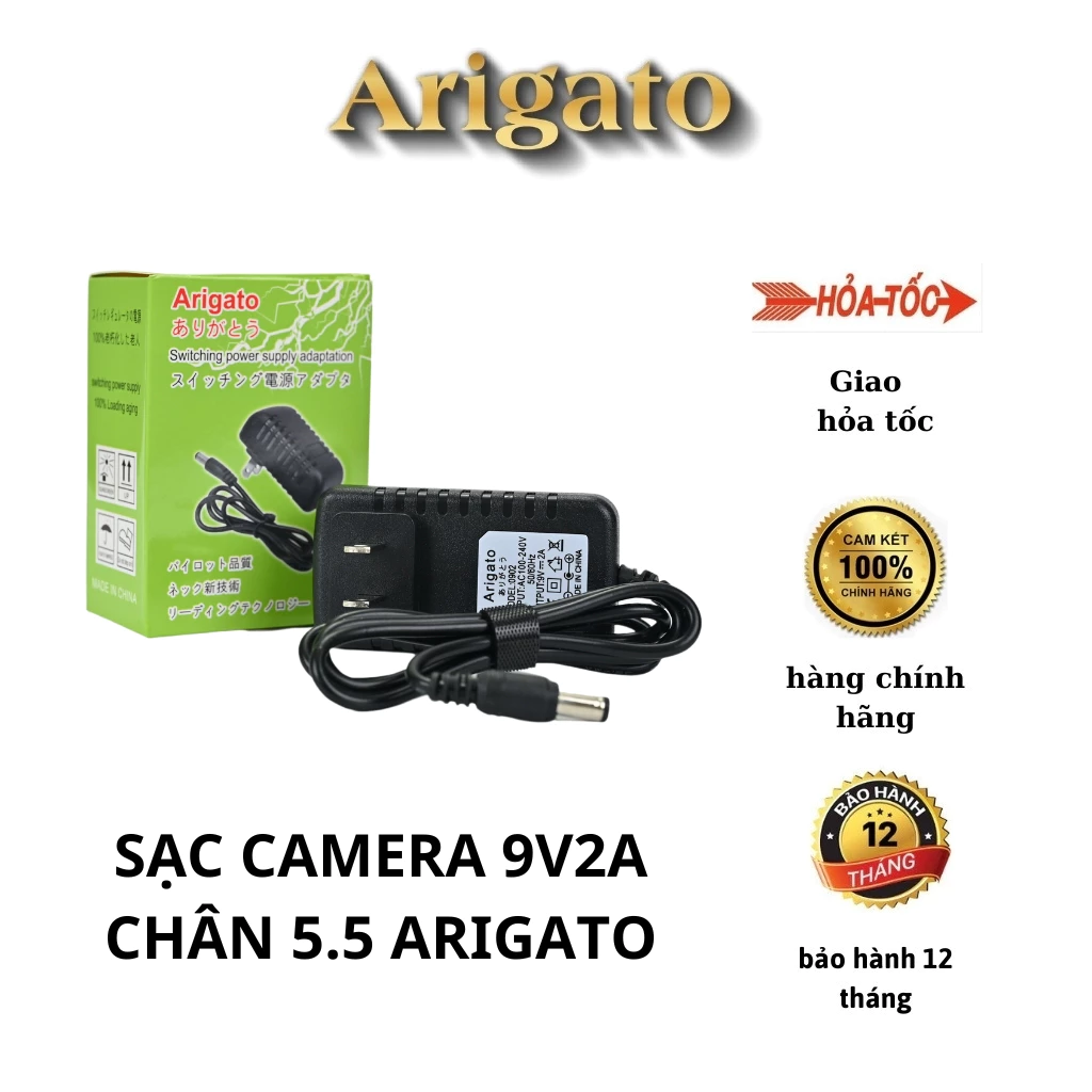 Nguồn Adapter  9V2A ARIGATO hàng chính hãng chân to 5.5mm nguồn sạc loa kéo,camera,đèn pin...