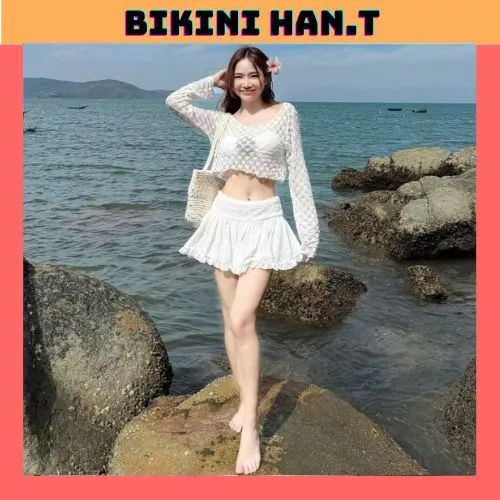 Bikini,Đồ bơi đi biển set 4 món áo bra đính HOA TRÀ có mút,quần rời kèm khoác,chân váy  lưng thun Bikini HAN.T [HT 002]