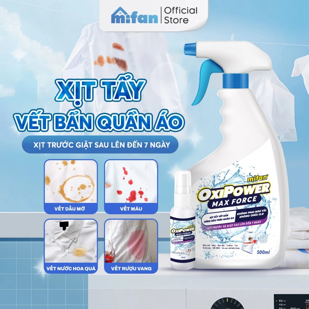 Xịt Tẩy Vết Bẩn Quần Áo Mifan Oxipower -Làm sạch nhanh vết thức ăn, máu, mốc, ố vàng, cổ áo, an toàn, không phai màu vải