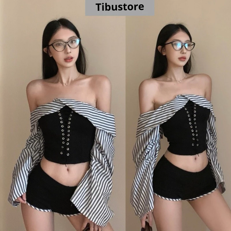 Set Áo Croptop Trễ Vai Kẻ Sọc Đan Dây Chiết Eo Phối Quần Sort Ngắn TIBU Set Đồ Nữ Cá Tính Tôn Dáng Đi Chơi Dự Tiệc 15