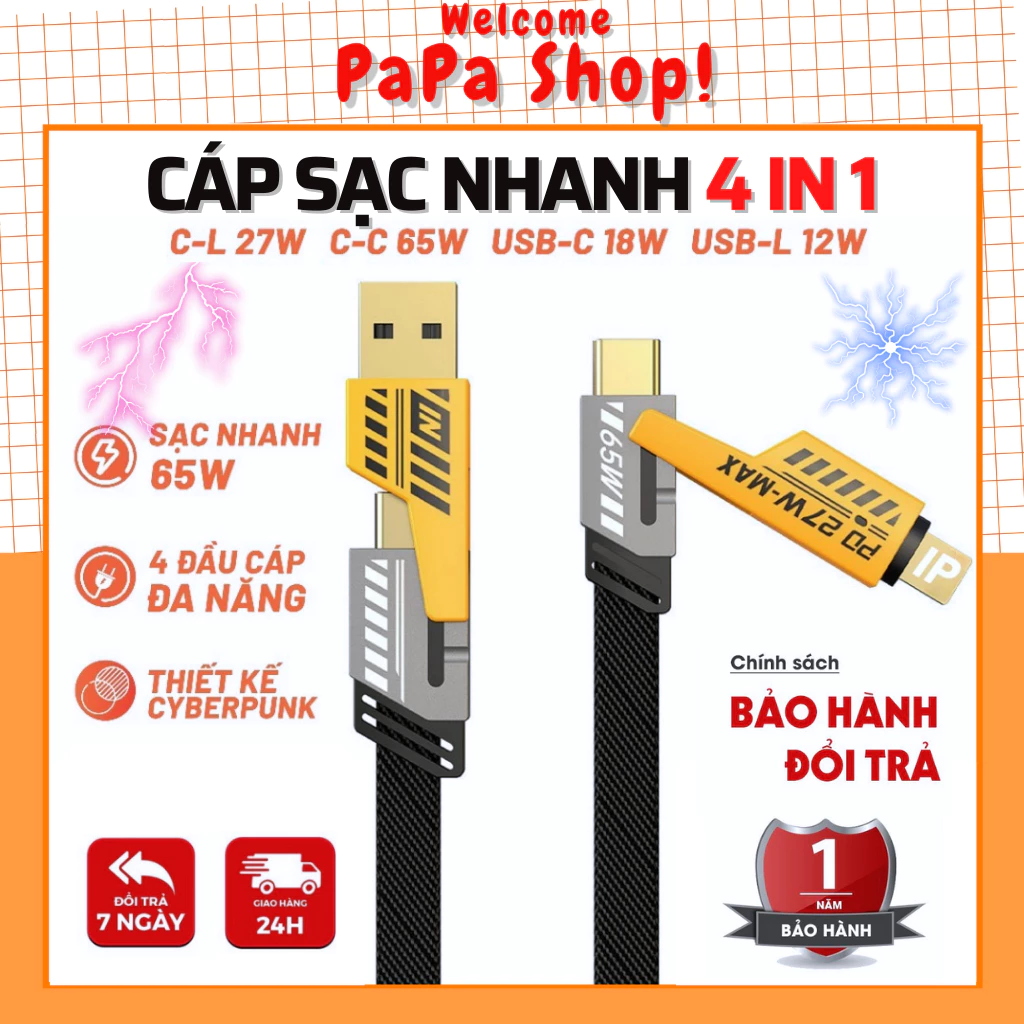 Dây Cáp Sạc Nhanh Đa Năng 4IN1 65W Cao Cấp 1.2M, Dây Dù Chống Đứt - Cho USB-Type C Type C-Type C Type C- iP USB-iP [65W]