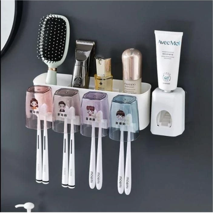Kệ để bàn chải kem đánh răng tự động thông minh giá treo 4 cốc để đồ dán tường dùng cho nhà tắm