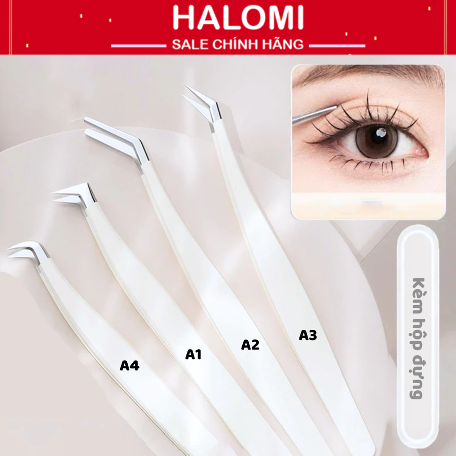 Nhíp gắn lông mi giả Halomi, nhíp chuyên dụng gắn mi chùm chất liệu sắt không ghỉ kèm hộp đựng