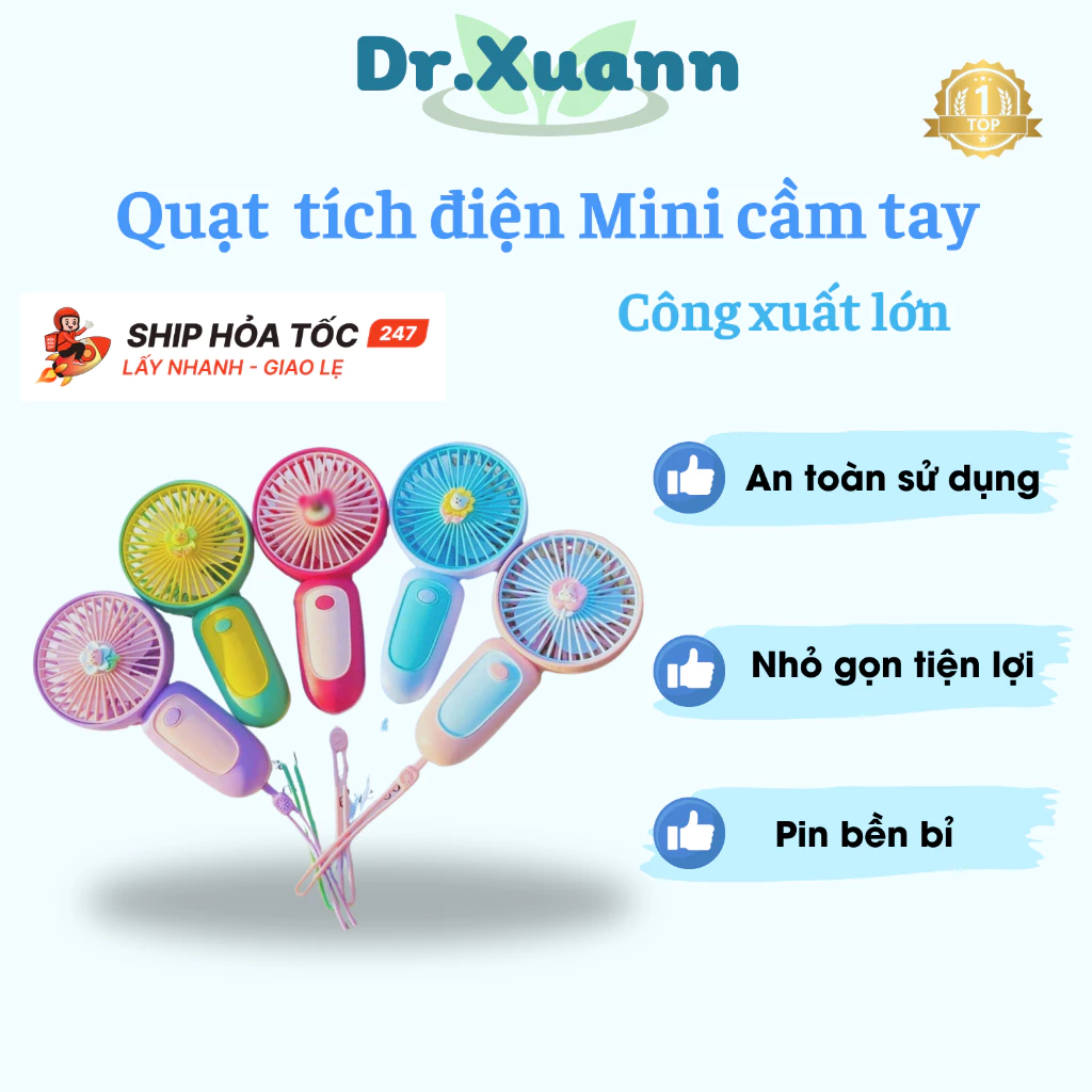 quạt cầm tay mini, quạt tích điện có dây đeo kèm sticker dễ thương công suất lớn sạc USB nhỏ gọn tiện lợi