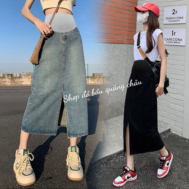 Chân váy jeans bầu, chân váy jeans công sở xẻ trước siêu xinh ( hàng quảng châu loại 1)