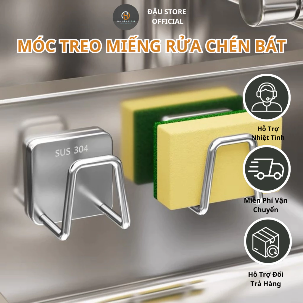 Móc Treo Miếng Rửa Chén Bát INOX Móc Dán Tường Treo Thớt, Vung Xoong Nồi Thau Chậu Móc Đựng Dụng Cụ Bếp, Đồ Nhà Tắm